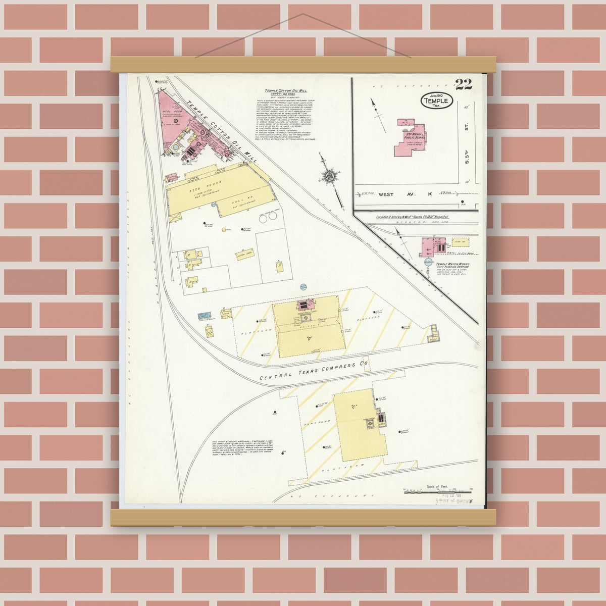 Old map wall art mockup — magnetic wood frame on brick wall — Sanborn Fire Insurance Map from Temple, Bell County, Texas (1910), Sheet #0022