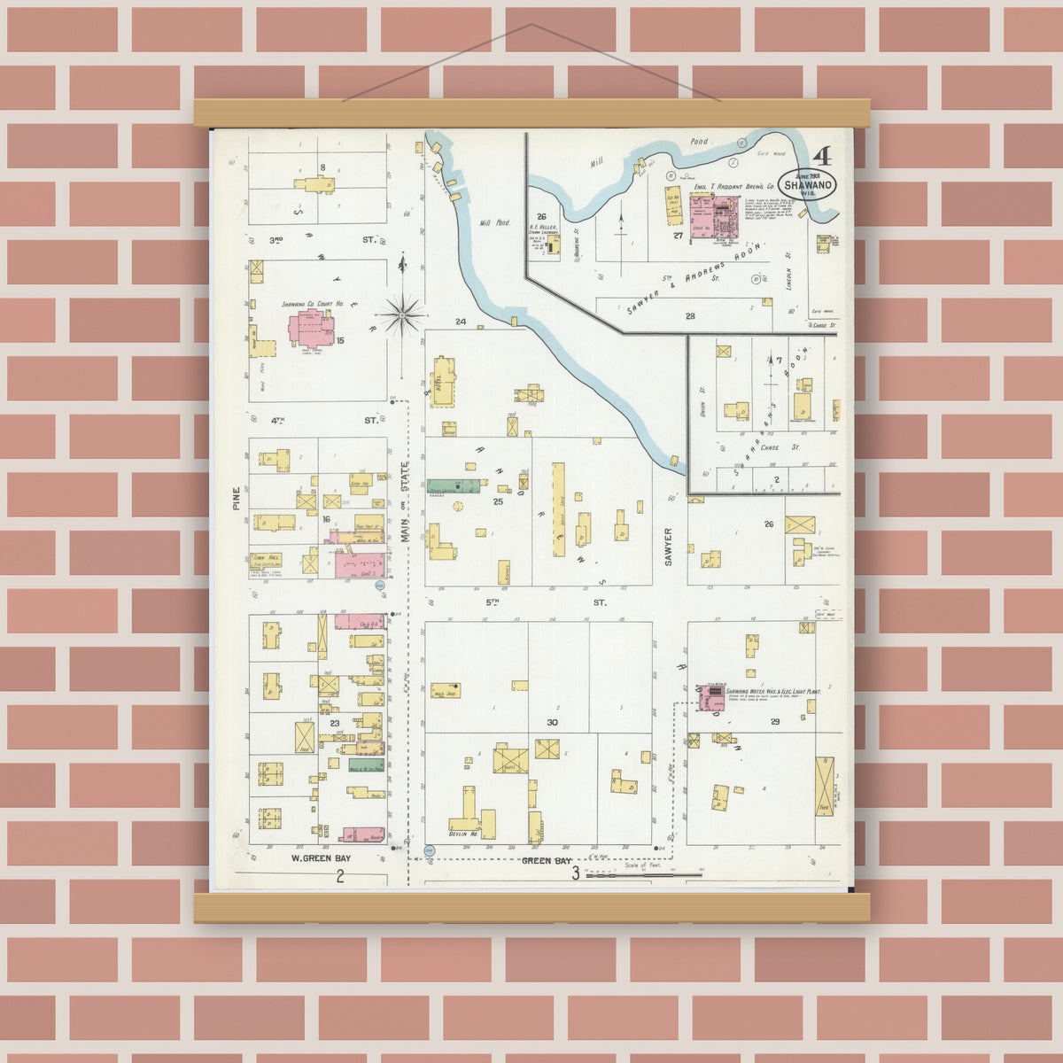 Old map wall art mockup — magnetic wood frame on brick wall — Sanborn Fire Insurance Map from Shawano, Shawano County, Wisconsin (1901), Sheet #0004