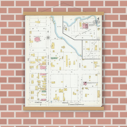Old map wall art mockup — magnetic wood frame on brick wall — Sanborn Fire Insurance Map from Shawano, Shawano County, Wisconsin (1901), Sheet #0004