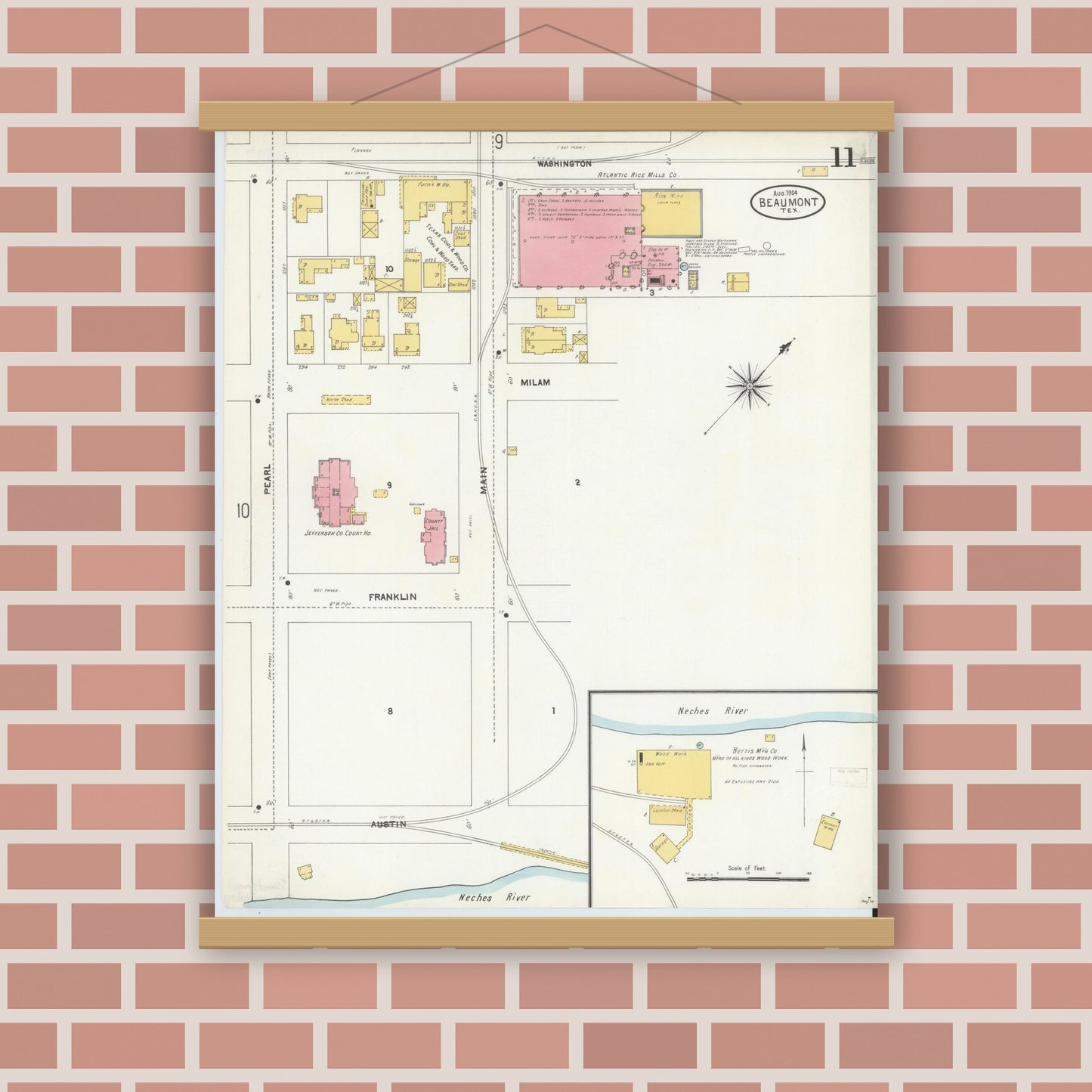 Old map wall art mockup — magnetic wood frame on brick wall — Sanborn Fire Insurance Map from Beaumont, Jefferson County, Texas (1904), Sheet #0011