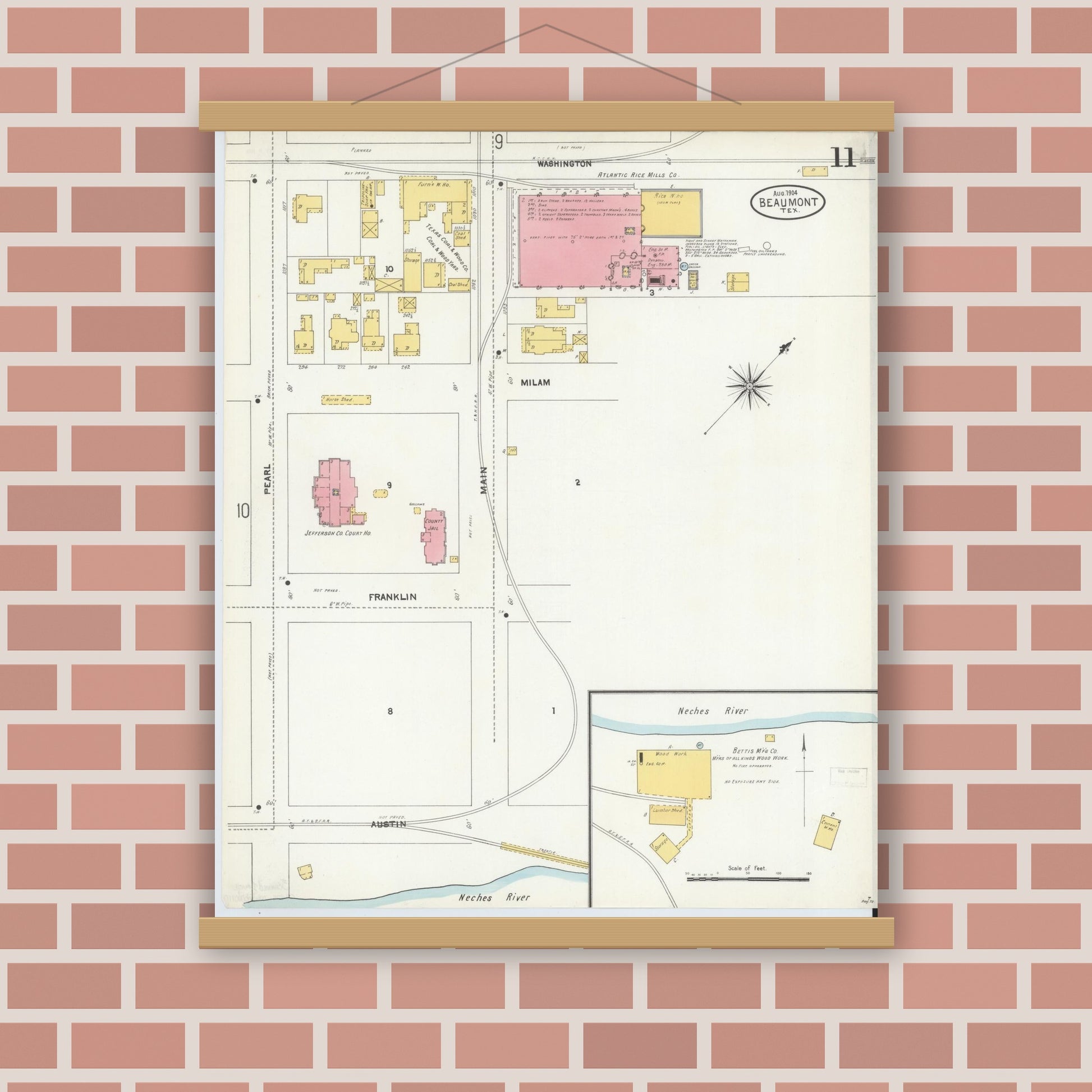Old map wall art mockup — magnetic wood frame on brick wall — Sanborn Fire Insurance Map from Beaumont, Jefferson County, Texas (1904), Sheet #0011