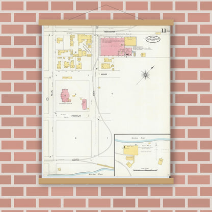 Old map wall art mockup — magnetic wood frame on brick wall — Sanborn Fire Insurance Map from Beaumont, Jefferson County, Texas (1904), Sheet #0011