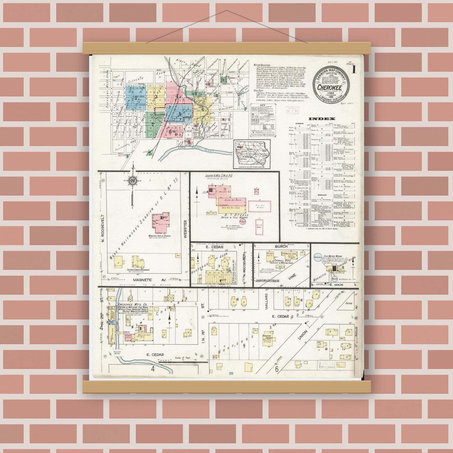 Old map wall art mockup — magnetic wood frame on brick wall — Sanborn Fire Insurance Map from Cherokee, Cherokee County, Iowa (1914), Sheet #0001