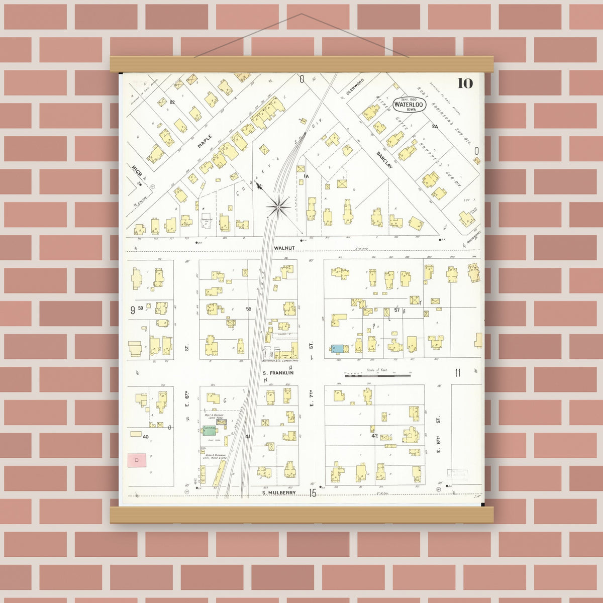 Old map wall art mockup — magnetic wood frame on brick wall — Sanborn Fire Insurance Map from Waterloo, Black Hawk County, Iowa (1900), Sheet #0010