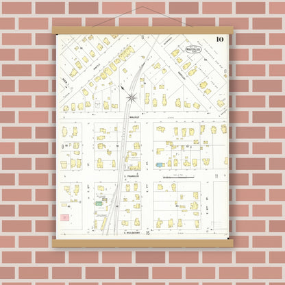 Old map wall art mockup — magnetic wood frame on brick wall — Sanborn Fire Insurance Map from Waterloo, Black Hawk County, Iowa (1900), Sheet #0010