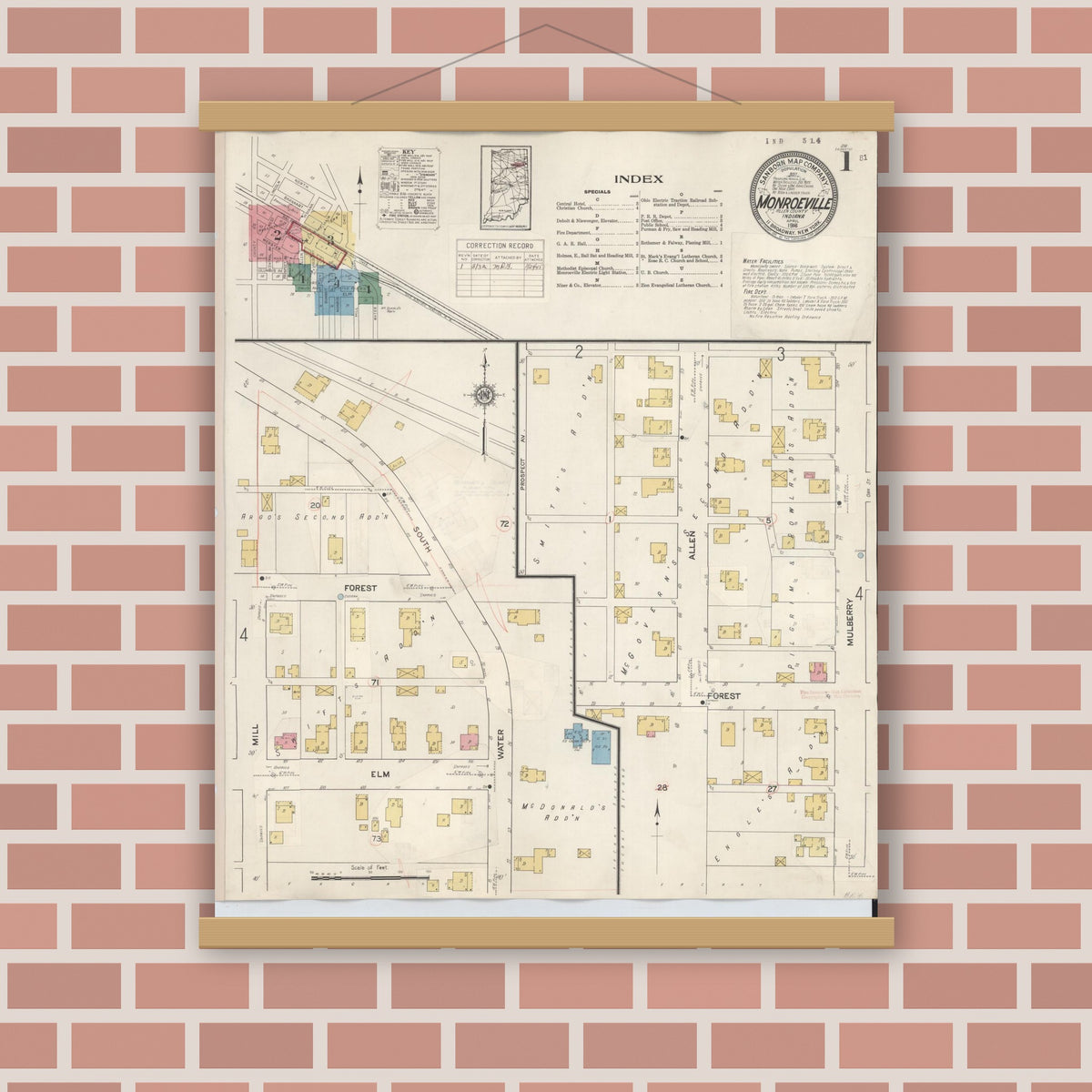Old map wall art mockup — magnetic wood frame on brick wall — Sanborn Fire Insurance Map from Monroeville, Allen County, Indiana (1932), Sheet #0001
