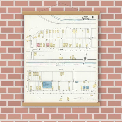 Old map wall art mockup — magnetic wood frame on brick wall — Sanborn Fire Insurance Map from Nanticoke, Luzerne County, Pennsylvania (1912), Sheet #0014