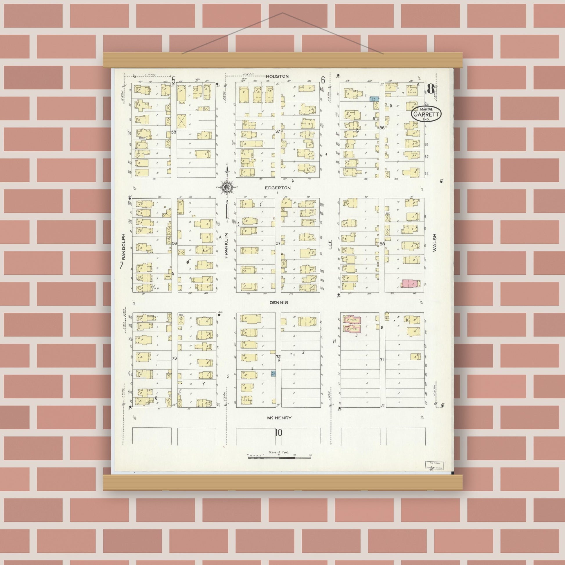 Old map wall art mockup — magnetic wood frame on brick wall — Sanborn Fire Insurance Map from Garrett, De Kalb County, Indiana (1914), Sheet #0008