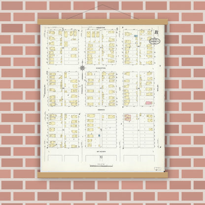 Old map wall art mockup — magnetic wood frame on brick wall — Sanborn Fire Insurance Map from Garrett, De Kalb County, Indiana (1914), Sheet #0008