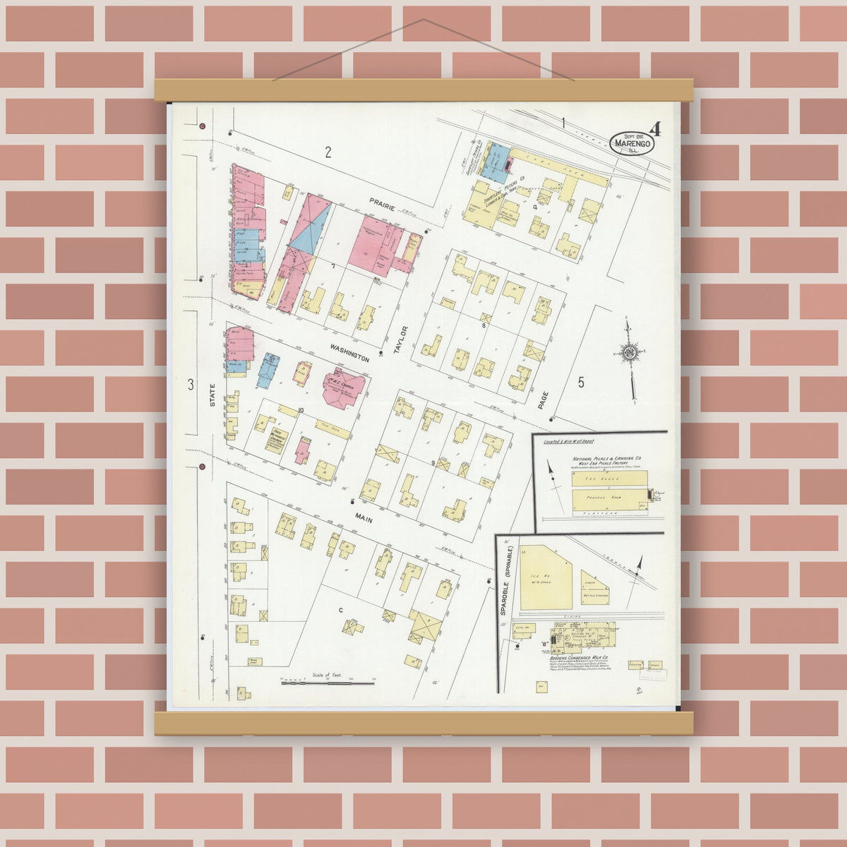 Old map wall art mockup — magnetic wood frame on brick wall — Sanborn Fire Insurance Map from Marengo, McHenry County, Illinois (1912), Sheet #0004