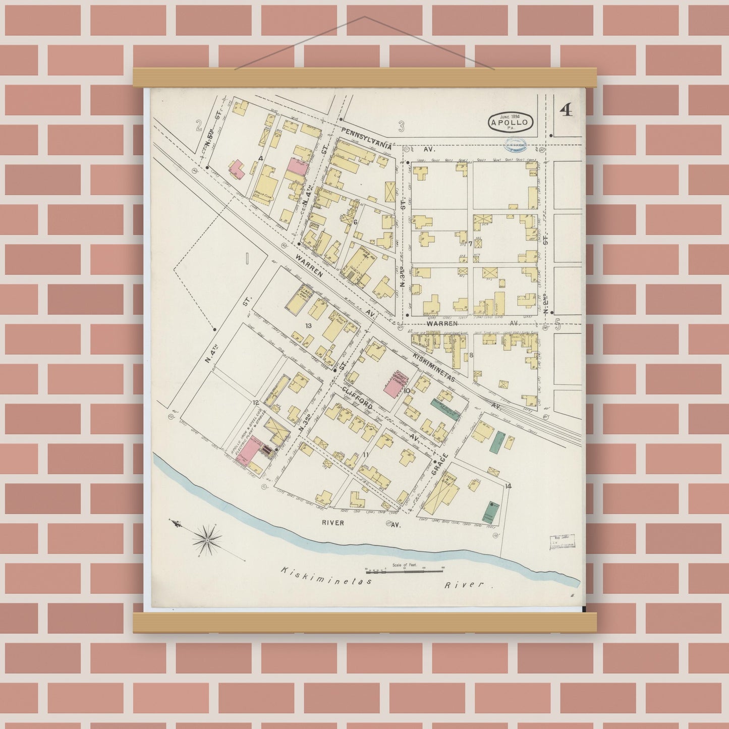 Old map wall art mockup — magnetic wood frame on brick wall — Sanborn Fire Insurance Map from Apollo, Armstrong County, Pennsylvania (1894), Sheet #0004