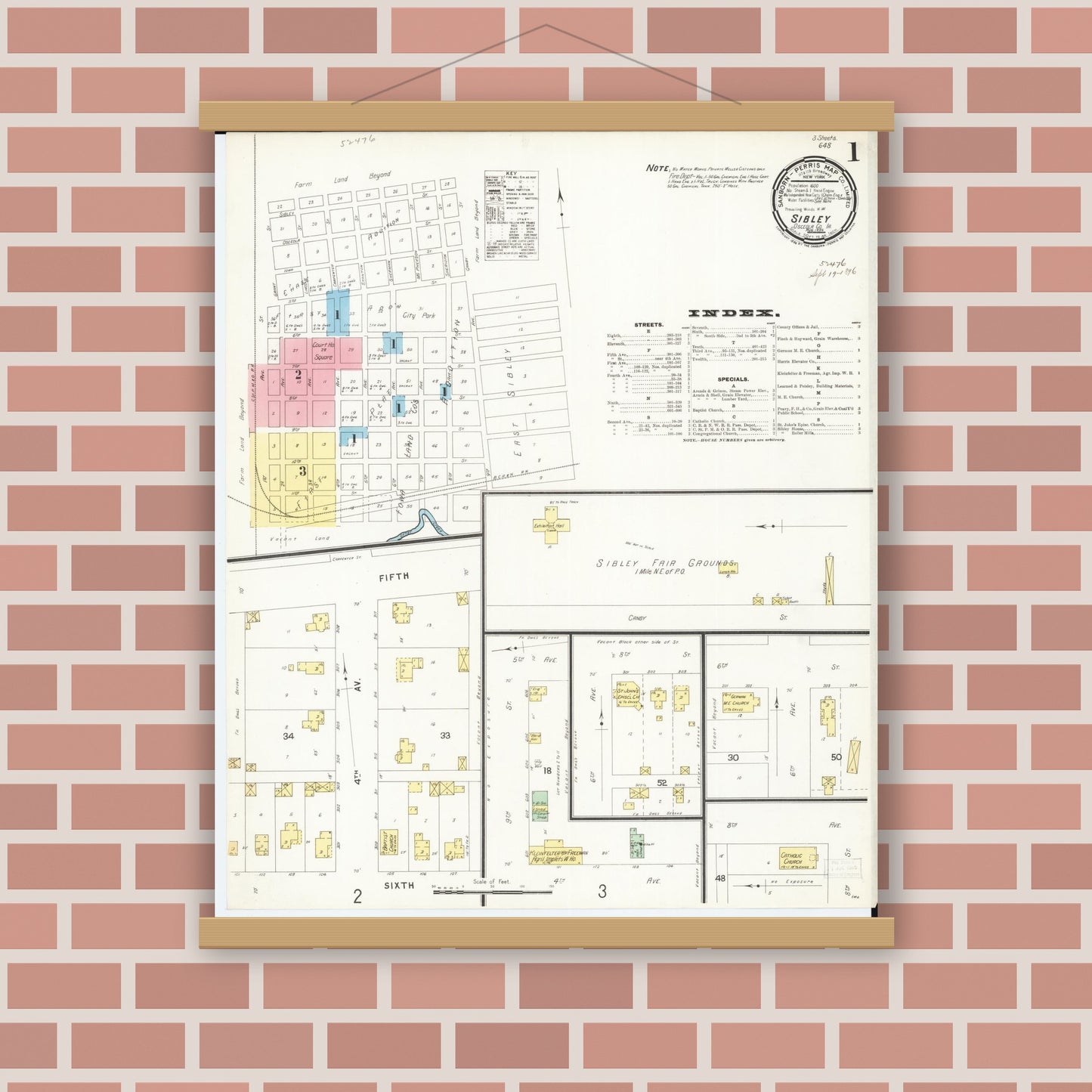 Old map wall art mockup — magnetic wood frame on brick wall — Sanborn Fire Insurance Map from Sibley, Osceola County, Iowa (1896), Sheet #0001