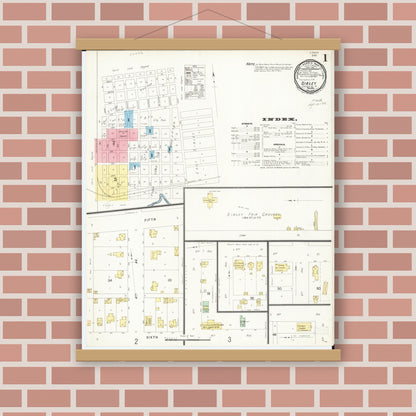 Old map wall art mockup — magnetic wood frame on brick wall — Sanborn Fire Insurance Map from Sibley, Osceola County, Iowa (1896), Sheet #0001
