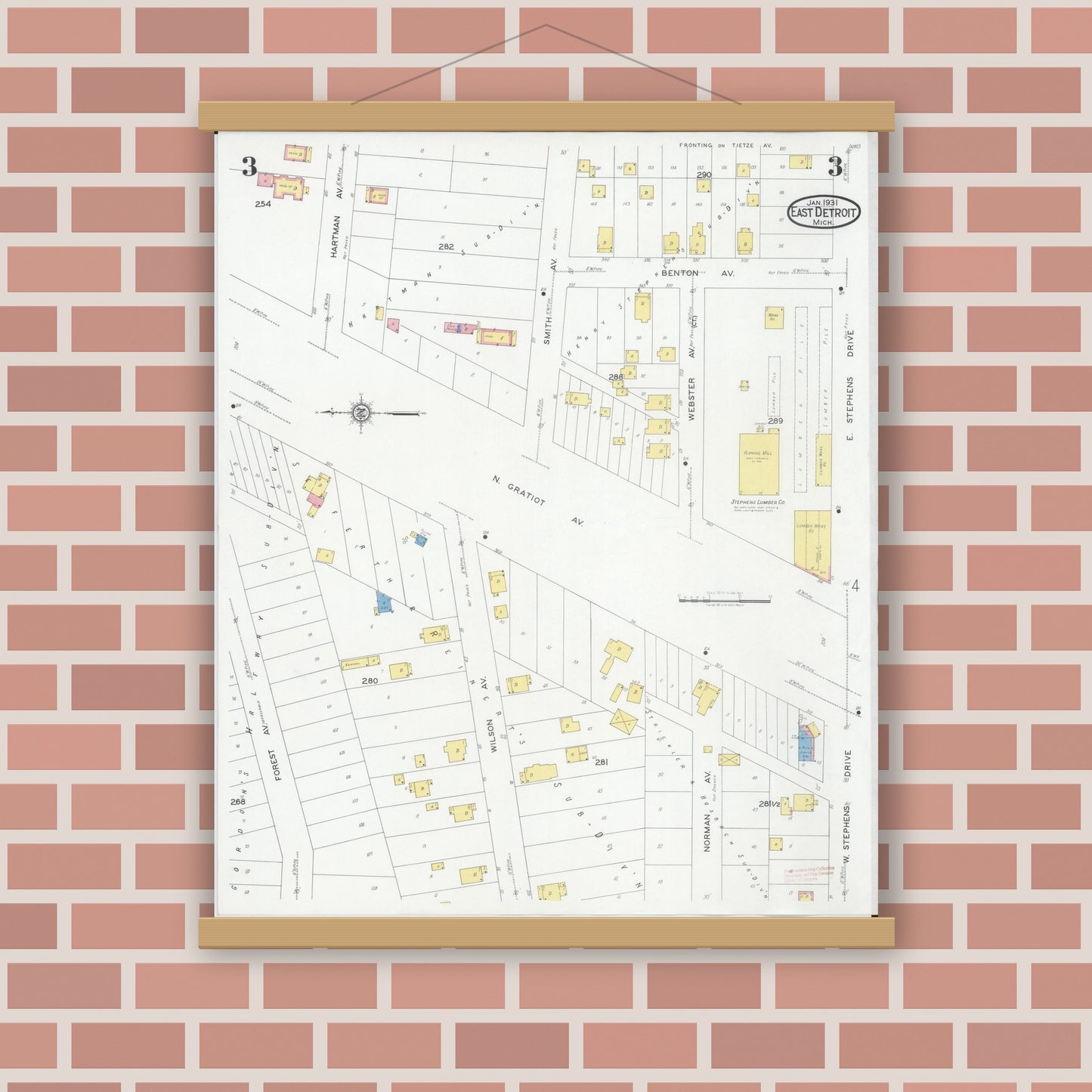 Old map wall art mockup — magnetic wood frame on brick wall — Sanborn Fire Insurance Map from East Detroit, Macomb County, Michigan (1931), Sheet #0003