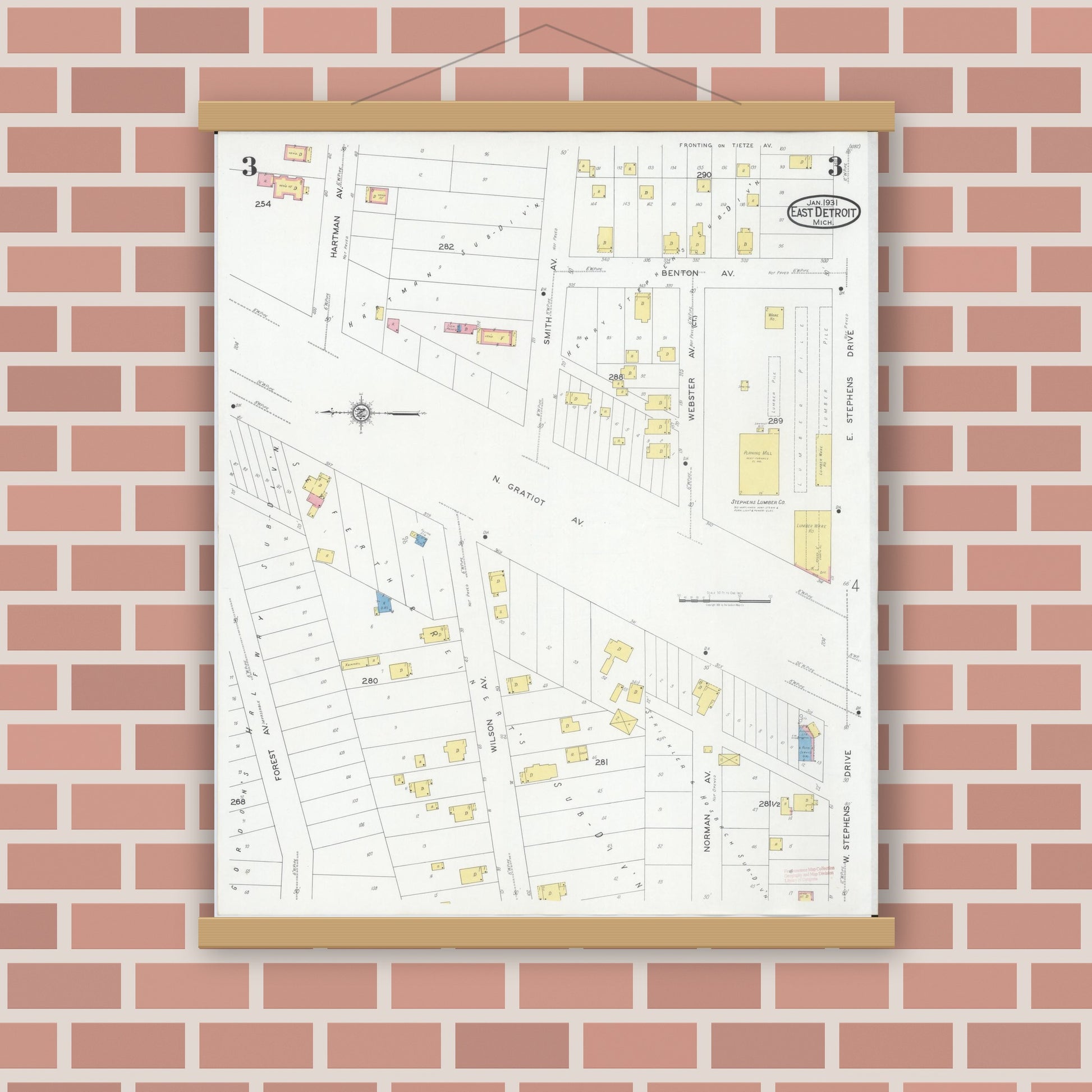 Old map wall art mockup — magnetic wood frame on brick wall — Sanborn Fire Insurance Map from East Detroit, Macomb County, Michigan (1931), Sheet #0003