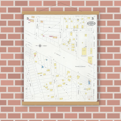 Old map wall art mockup — magnetic wood frame on brick wall — Sanborn Fire Insurance Map from East Detroit, Macomb County, Michigan (1931), Sheet #0003