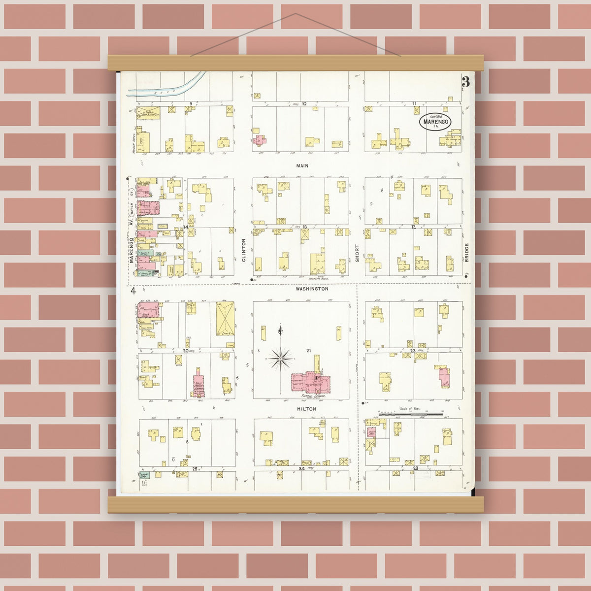 Old map wall art mockup — magnetic wood frame on brick wall — Sanborn Fire Insurance Map from Marengo, Iowa County, Iowa (1898), Sheet #0003