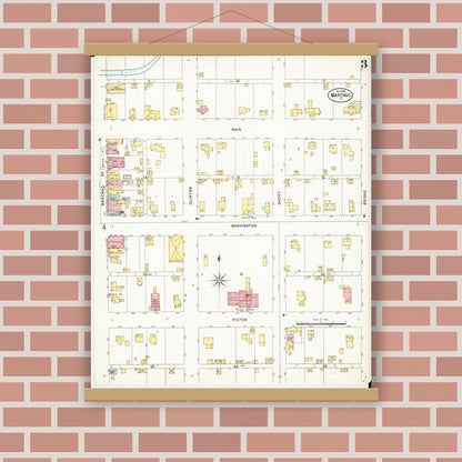 Old map wall art mockup — magnetic wood frame on brick wall — Sanborn Fire Insurance Map from Marengo, Iowa County, Iowa (1898), Sheet #0003