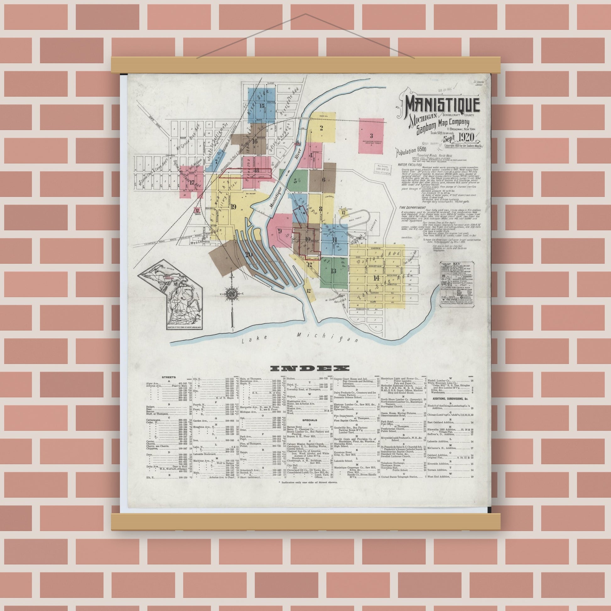 Old map wall art mockup — magnetic wood frame on brick wall — Sanborn Fire Insurance Map from Manistique, Schoolcraft County, Michigan (1920), Sheet #0001