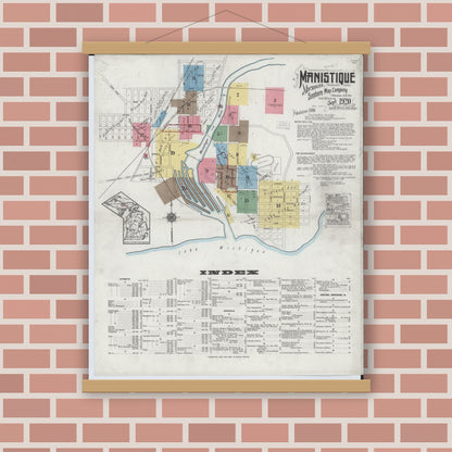 Old map wall art mockup — magnetic wood frame on brick wall — Sanborn Fire Insurance Map from Manistique, Schoolcraft County, Michigan (1920), Sheet #0001