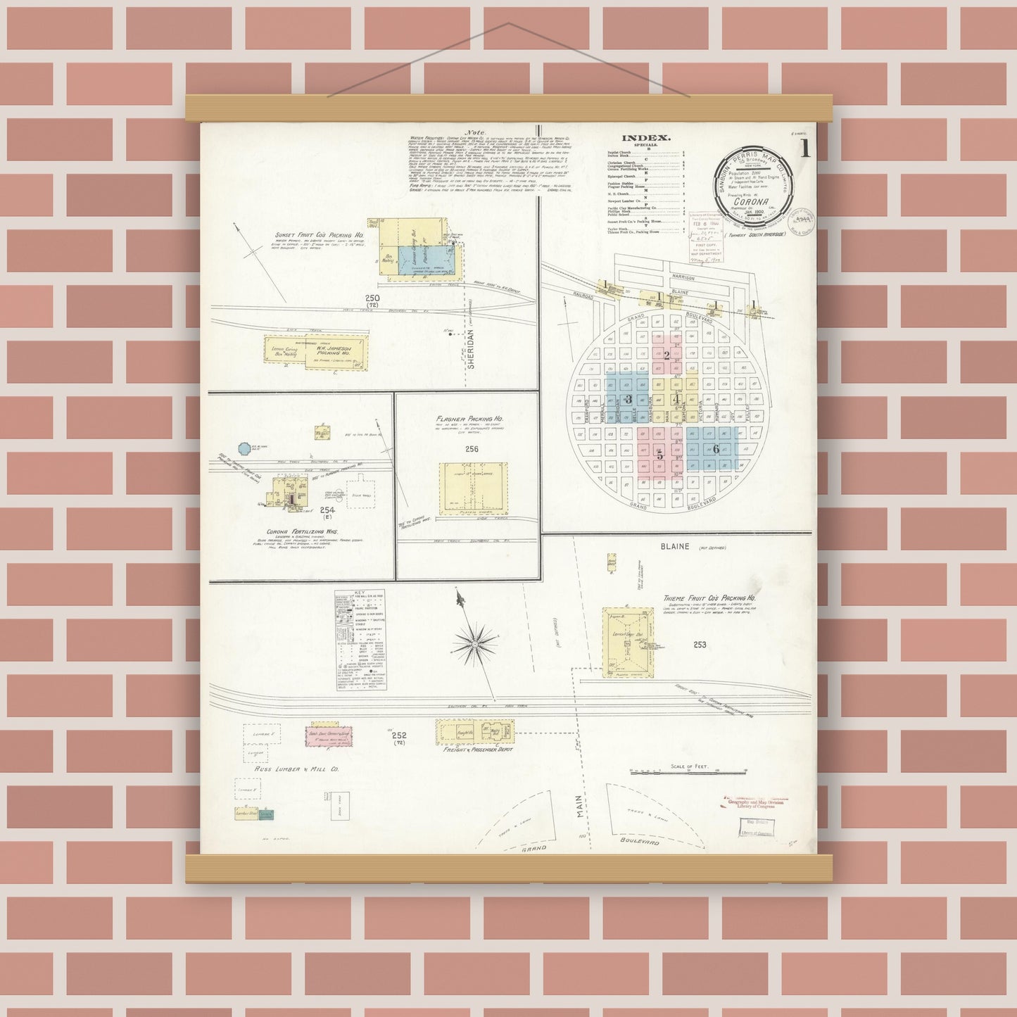 Old map wall art mockup — magnetic wood frame on brick wall — Sanborn Fire Insurance Map from Corona, Riverside County, California (1900) - Complete Map Set