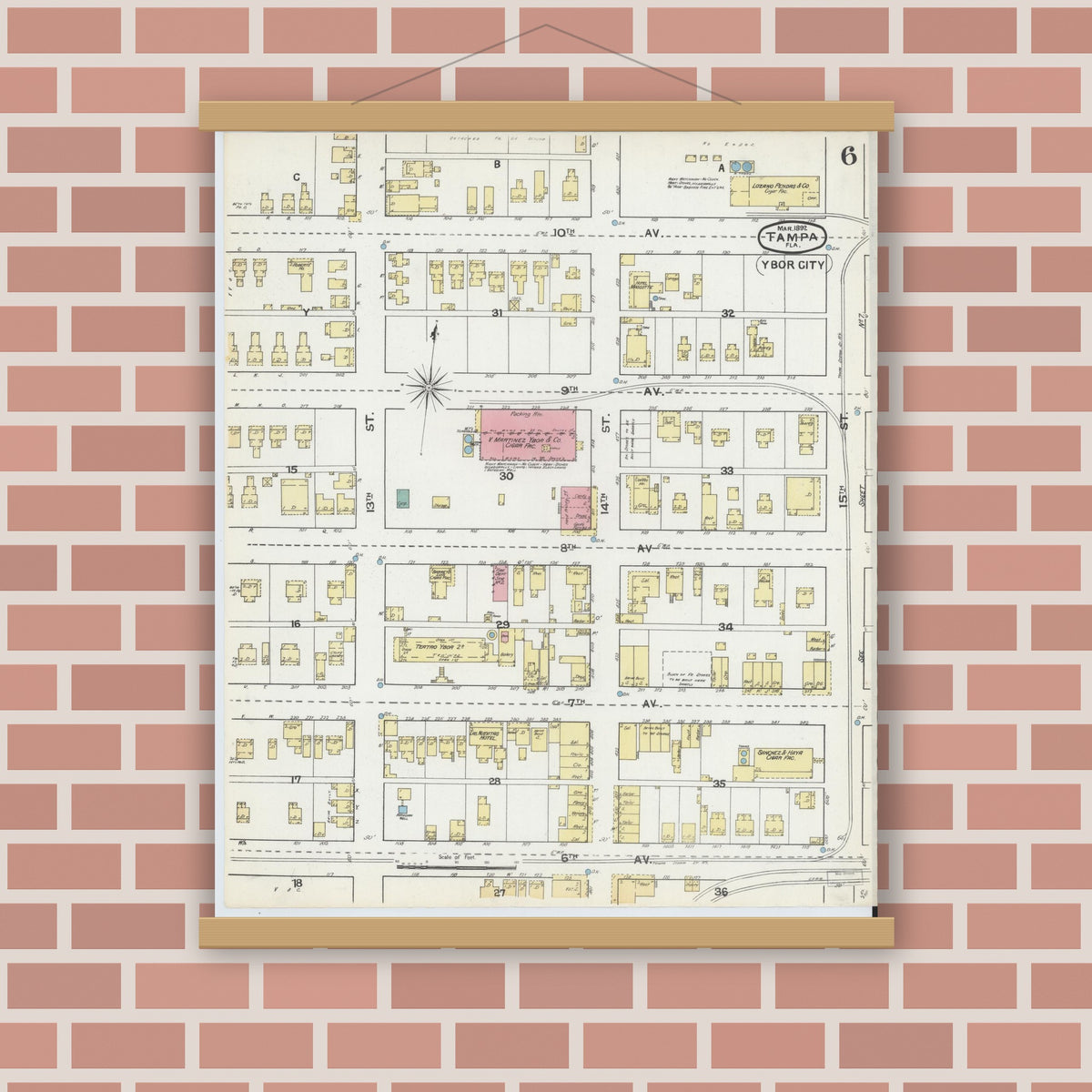 Old map wall art mockup — magnetic wood frame on brick wall — Sanborn Fire Insurance Map from Tampa, Hillsborough County, Florida (1892), Sheet #0006