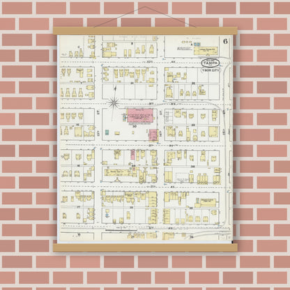 Old map wall art mockup — magnetic wood frame on brick wall — Sanborn Fire Insurance Map from Tampa, Hillsborough County, Florida (1892), Sheet #0006