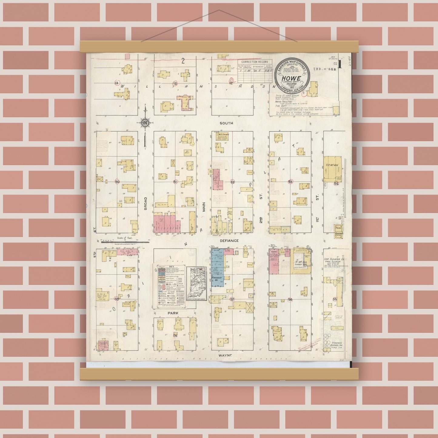 Old map wall art mockup — magnetic wood frame on brick wall — Sanborn Fire Insurance Map from Howe, LaGrange County, Indiana (1933), Sheet #0001