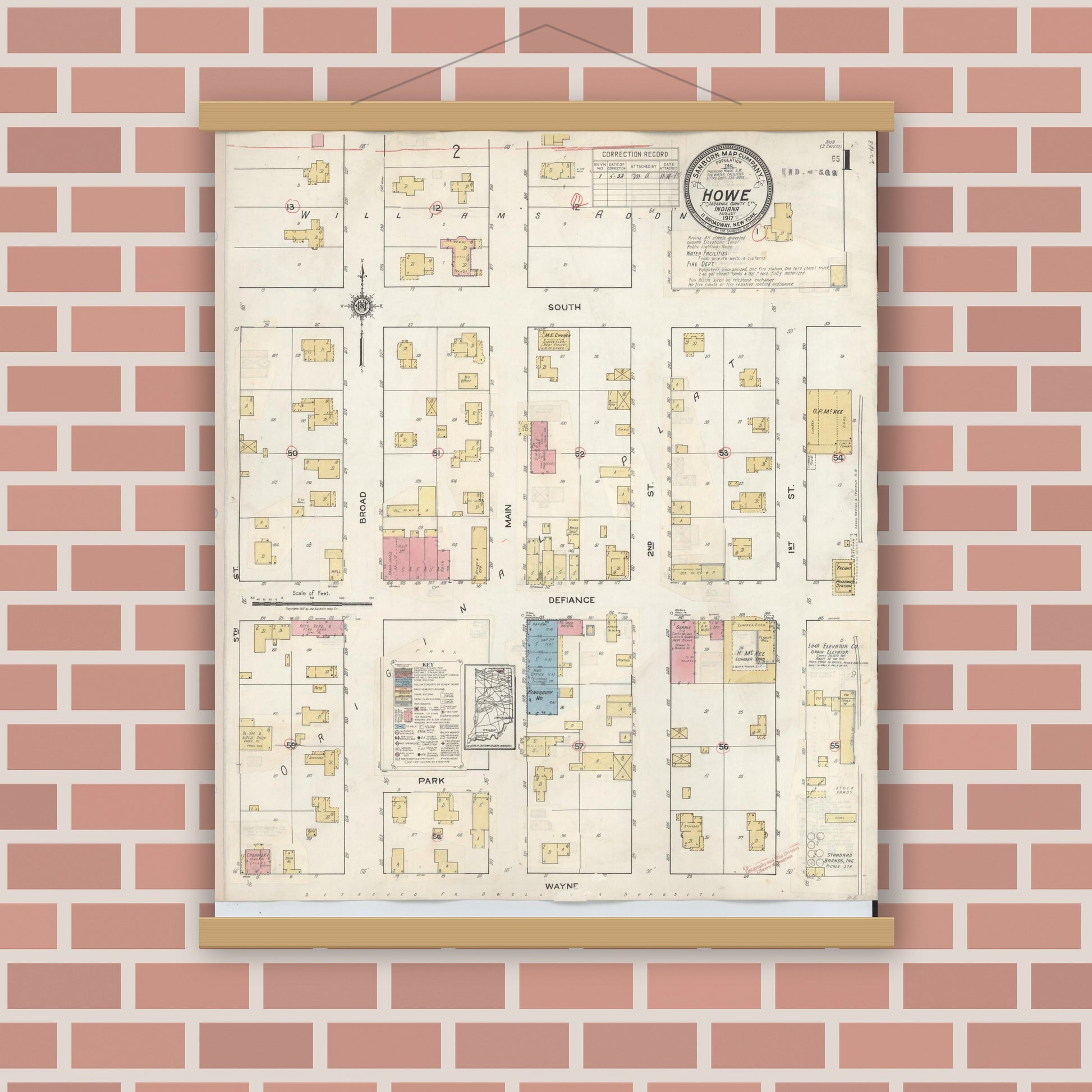 Old map wall art mockup — magnetic wood frame on brick wall — Sanborn Fire Insurance Map from Howe, LaGrange County, Indiana (1933), Sheet #0001