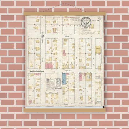 Old map wall art mockup — magnetic wood frame on brick wall — Sanborn Fire Insurance Map from Howe, LaGrange County, Indiana (1933), Sheet #0001