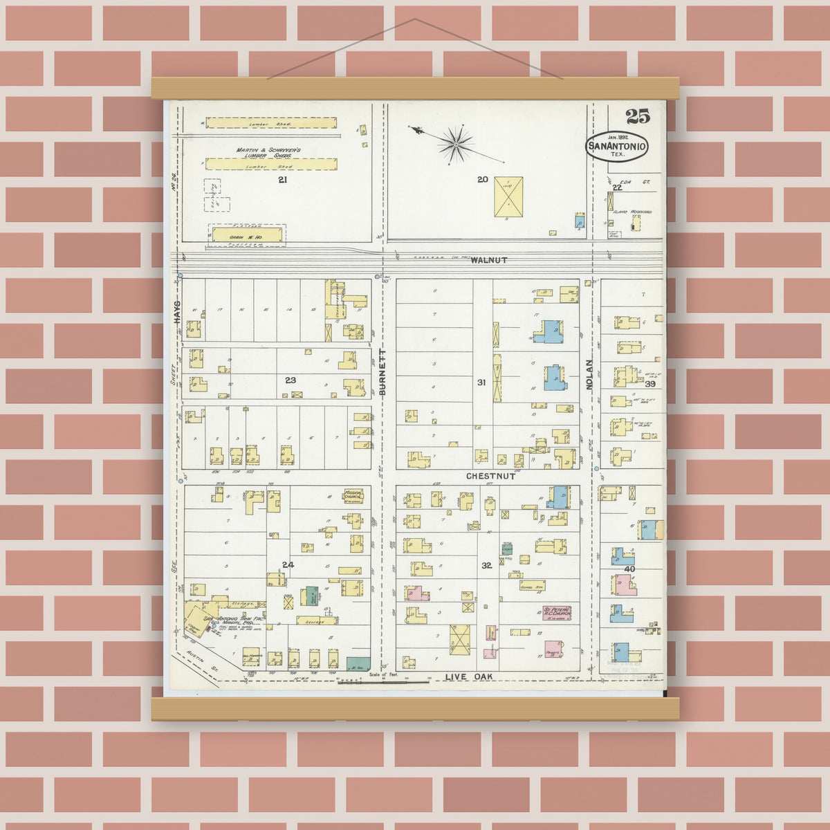 Old map wall art mockup — magnetic wood frame on brick wall — Sanborn Fire Insurance Map from San Antonio, Bexar County, Texas (1892), Sheet #0025