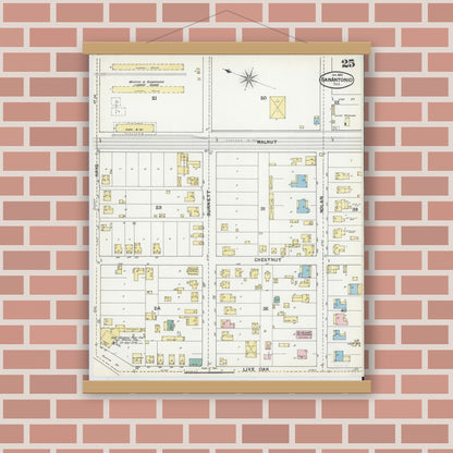 Old map wall art mockup — magnetic wood frame on brick wall — Sanborn Fire Insurance Map from San Antonio, Bexar County, Texas (1892), Sheet #0025