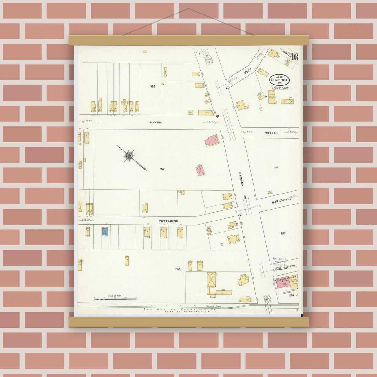 Old map wall art mockup — magnetic wood frame on brick wall — Sanborn Fire Insurance Map from Luzerne, Luzerne County, Pennsylvania (1911), Sheet #0016