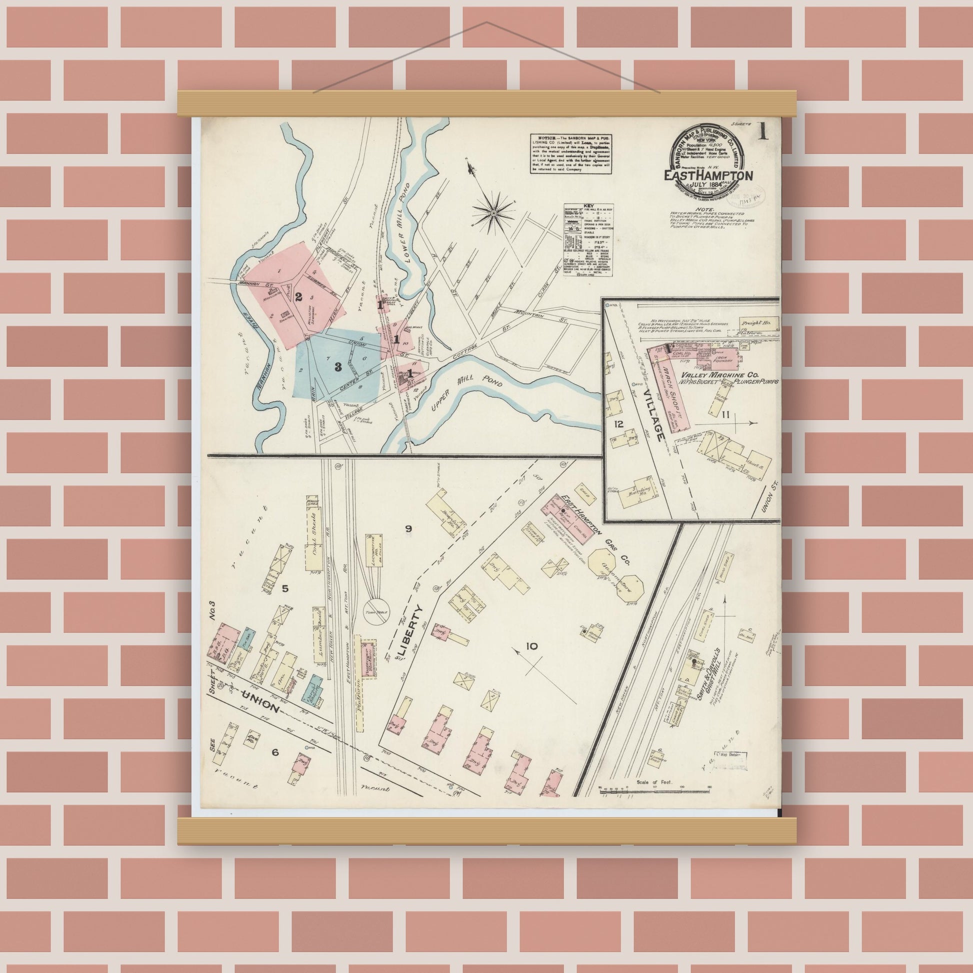 Old map wall art mockup — magnetic wood frame on brick wall — Sanborn Fire Insurance Map from East Hampton, Hampshire County, Massachusetts (1884), Sheet #0001