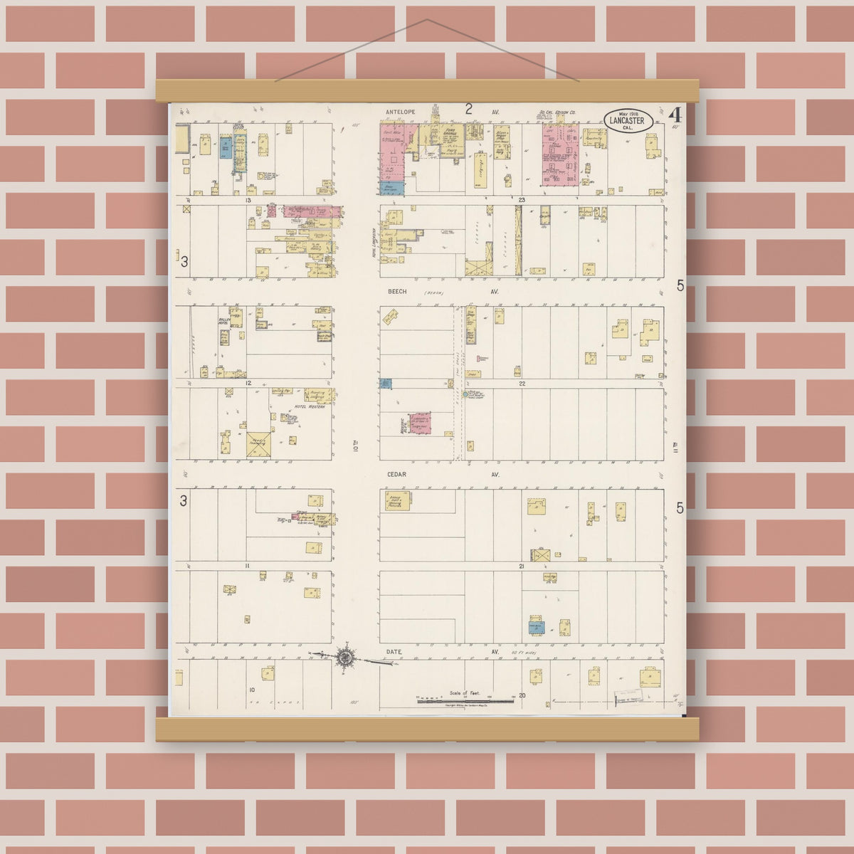 Old map wall art mockup — magnetic wood frame on brick wall — Sanborn Fire Insurance Map from Lancaster, Los Angeles County, California (1918), Sheet #0004