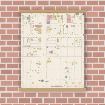 Old map wall art mockup — magnetic wood frame on brick wall — Sanborn Fire Insurance Map from Lancaster, Los Angeles County, California (1918), Sheet #0004