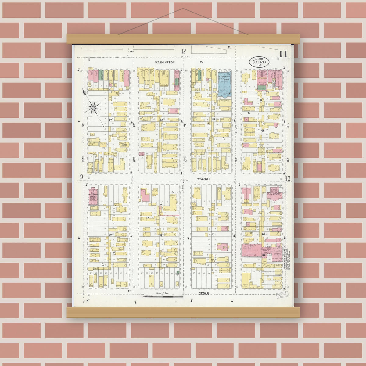 Old map wall art mockup — magnetic wood frame on brick wall — Sanborn Fire Insurance Map from Cairo, Alexander County, Illinois (1901), Sheet #0011