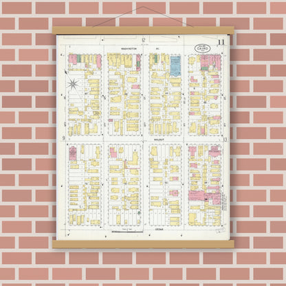 Old map wall art mockup — magnetic wood frame on brick wall — Sanborn Fire Insurance Map from Cairo, Alexander County, Illinois (1901), Sheet #0011