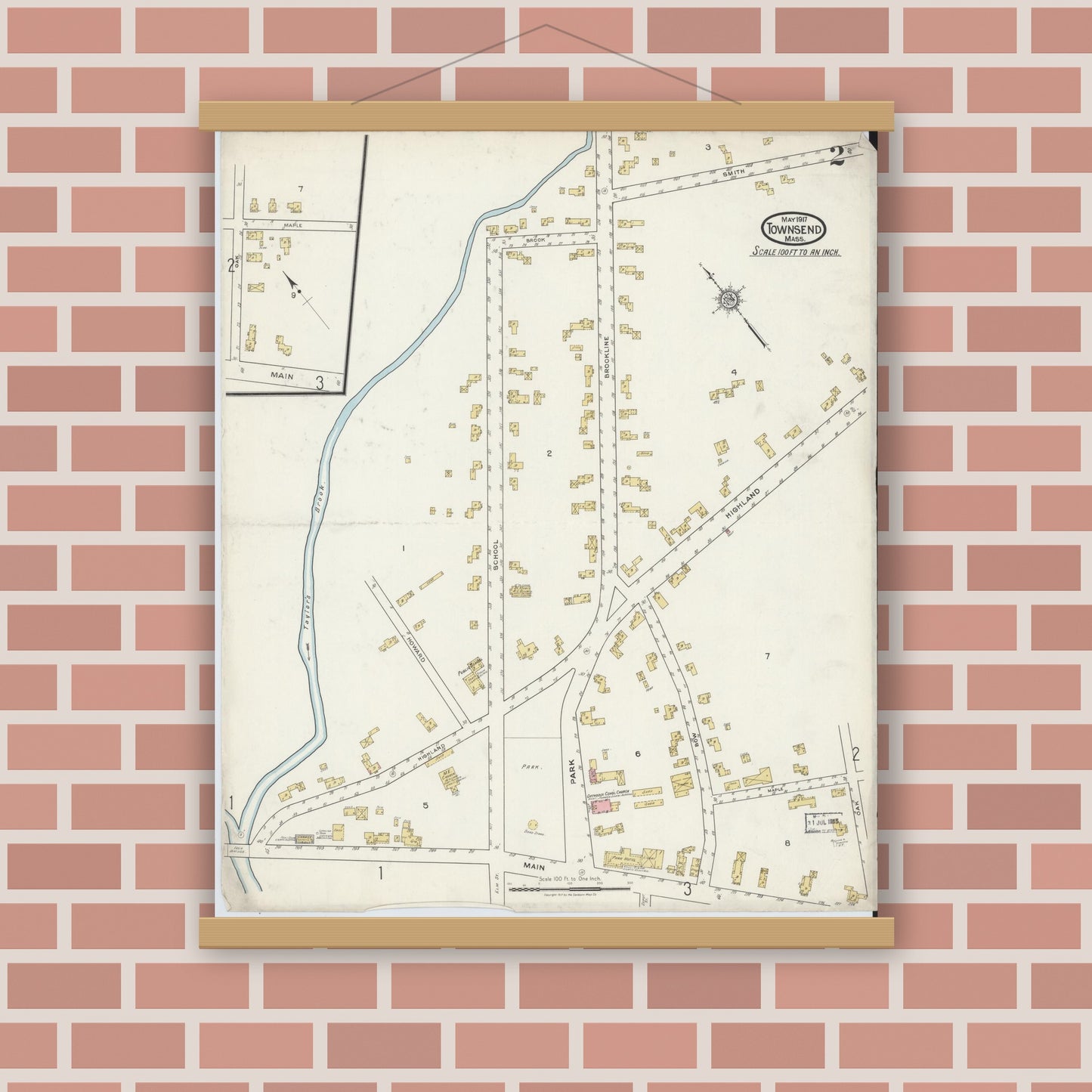 Old map wall art mockup — magnetic wood frame on brick wall — Sanborn Fire Insurance Map from Townsend, Middlesex County, Massachusetts (1917), Sheet #0002