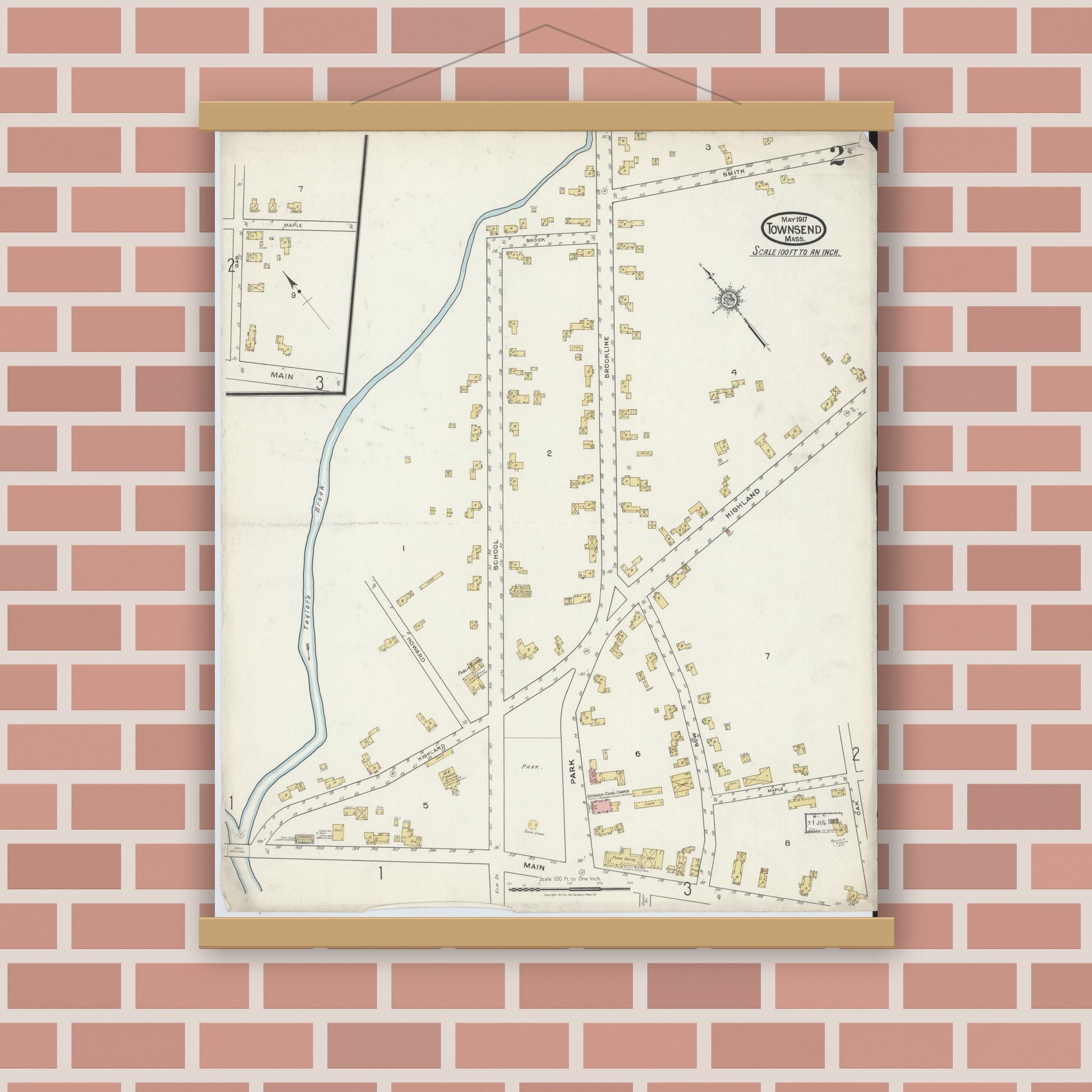 Old map wall art mockup — magnetic wood frame on brick wall — Sanborn Fire Insurance Map from Townsend, Middlesex County, Massachusetts (1917), Sheet #0002