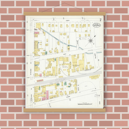 Old map wall art mockup — magnetic wood frame on brick wall — Sanborn Fire Insurance Map from Englewood, Bergen County, New Jersey (1908), Sheet #0007