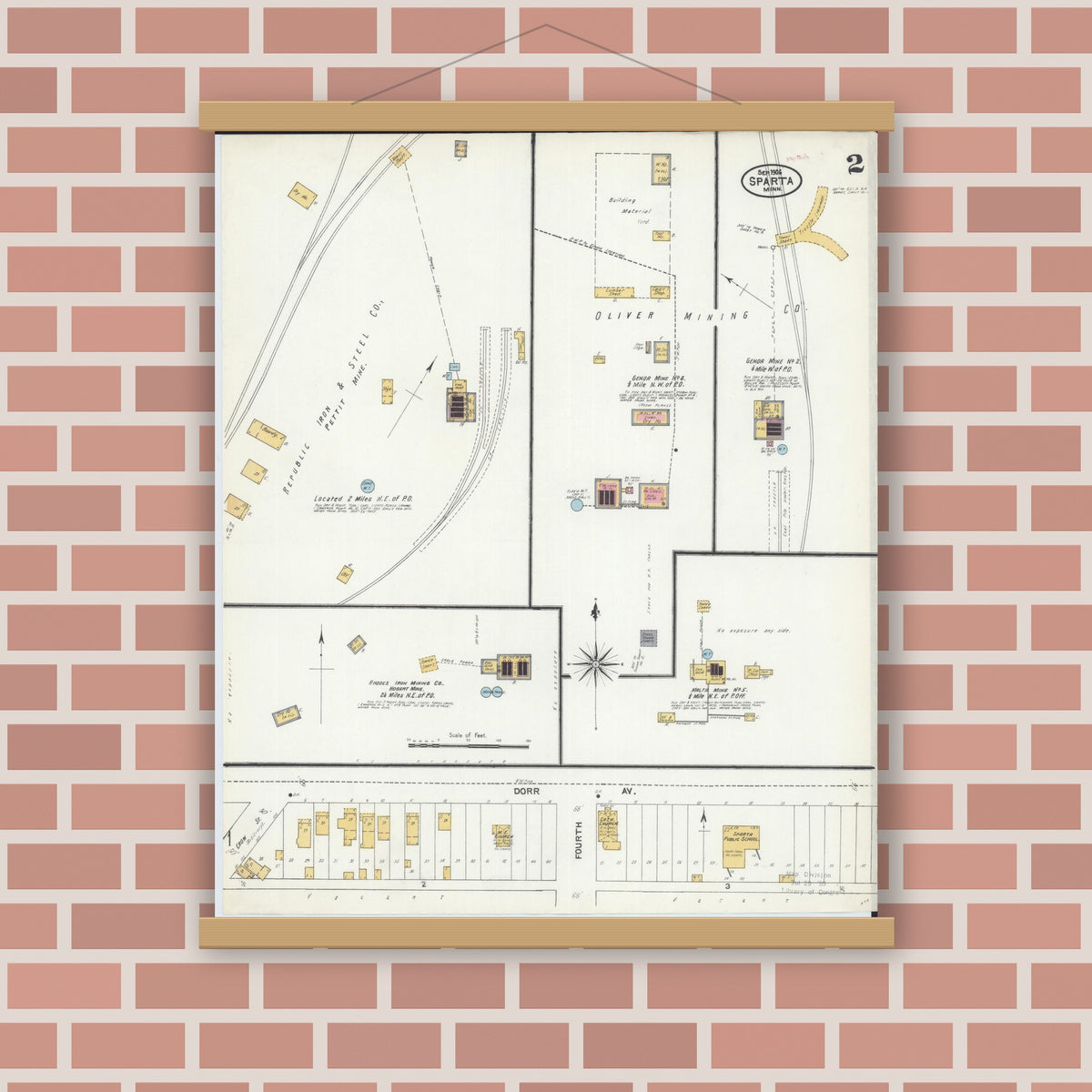 Old map wall art mockup — magnetic wood frame on brick wall — Sanborn Fire Insurance Map from Sparta, Saint Louis County, Minnesota (1906), Sheet #0002