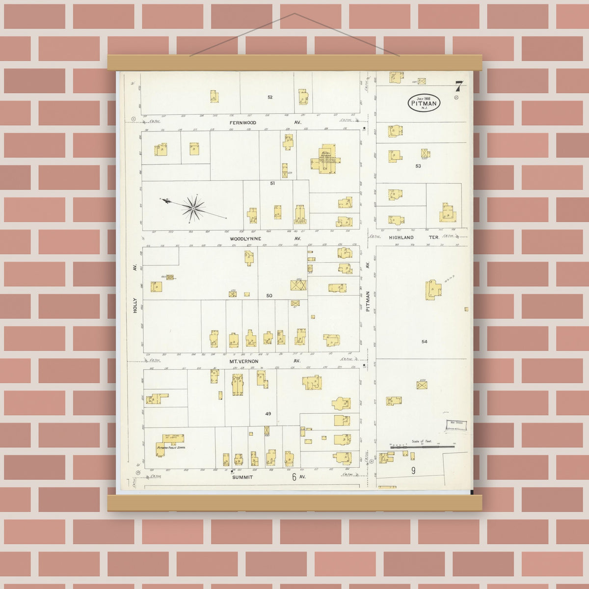 Old map wall art mockup — magnetic wood frame on brick wall — Sanborn Fire Insurance Map from Pitman, Gloucester County, New Jersey (1908), Sheet #0007