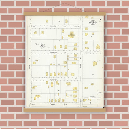 Old map wall art mockup — magnetic wood frame on brick wall — Sanborn Fire Insurance Map from Pitman, Gloucester County, New Jersey (1908), Sheet #0007