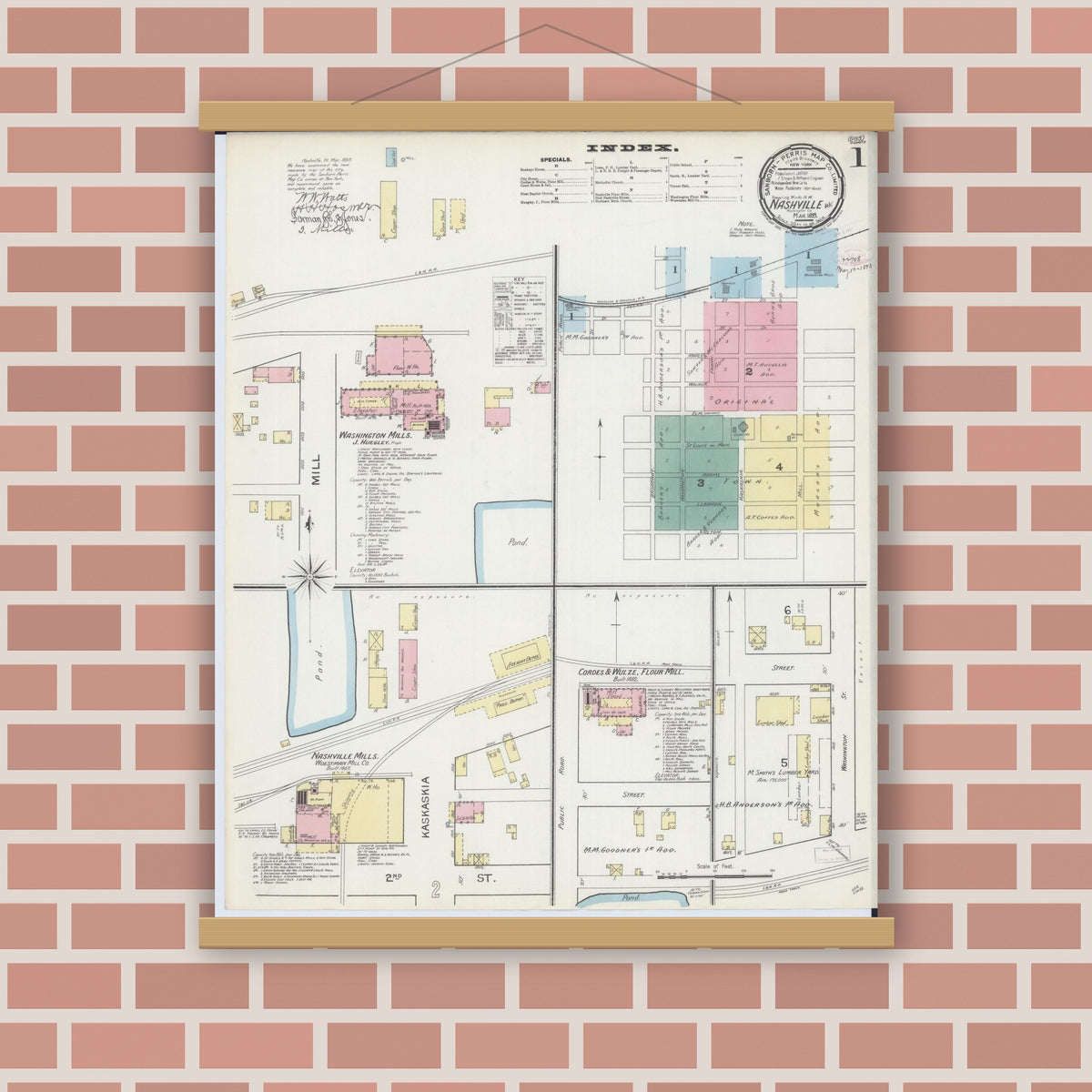 Old map wall art mockup — magnetic wood frame on brick wall — Sanborn Fire Insurance Map from Nashville, Washington County, Illinois (1893) - Complete Map Set