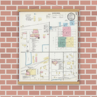Old map wall art mockup — magnetic wood frame on brick wall — Sanborn Fire Insurance Map from Nashville, Washington County, Illinois (1893) - Complete Map Set