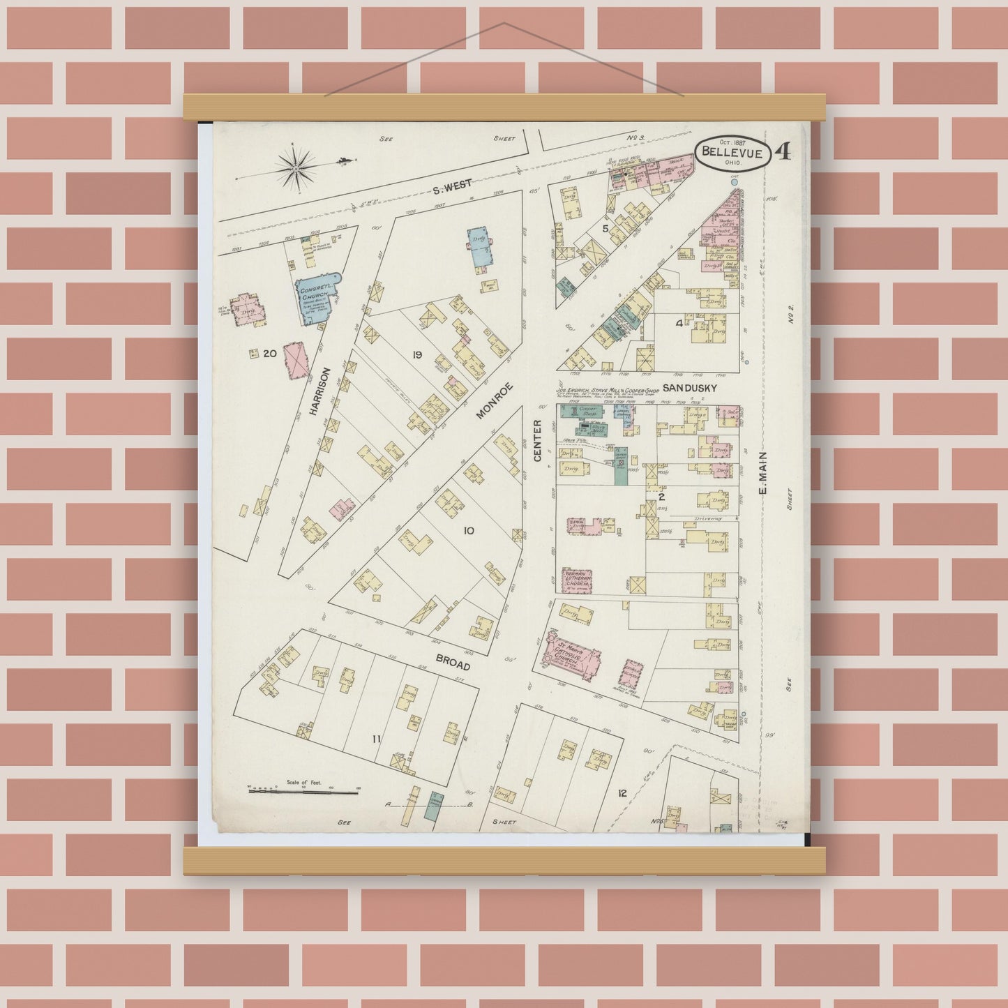 Old map wall art mockup — magnetic wood frame on brick wall — Sanborn Fire Insurance Map from Bellevue, Huron And Sandusky County, Ohio (1887), Sheet #0004