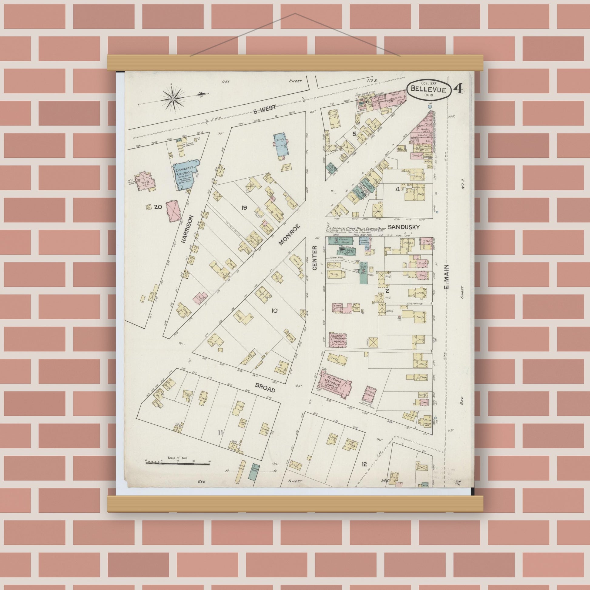 Old map wall art mockup — magnetic wood frame on brick wall — Sanborn Fire Insurance Map from Bellevue, Huron And Sandusky County, Ohio (1887), Sheet #0004
