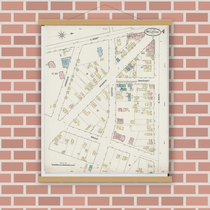Old map wall art mockup — magnetic wood frame on brick wall — Sanborn Fire Insurance Map from Bellevue, Huron And Sandusky County, Ohio (1887), Sheet #0004
