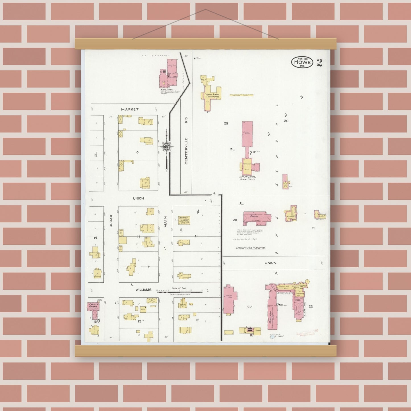 Old map wall art mockup — magnetic wood frame on brick wall — Sanborn Fire Insurance Map from Howe, LaGrange County, Indiana (1917), Sheet #0002